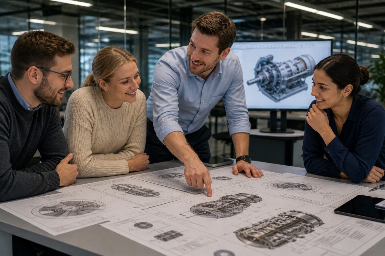 Engineering team collaborating over technical drawings